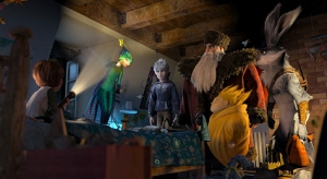 (Left to right)         Jamie (Dakota Goyo) awakens to find The Guardians?Tooth (Isla Fisher), Jack Frost (Chris Pine), North (Alec Baldwin), Sandman and Bunnymund (Hugh Jackman)?in his bedroom in DreamWorks Animation?s RISE OF THE GUARDIANS to be released by Paramount Pictures.